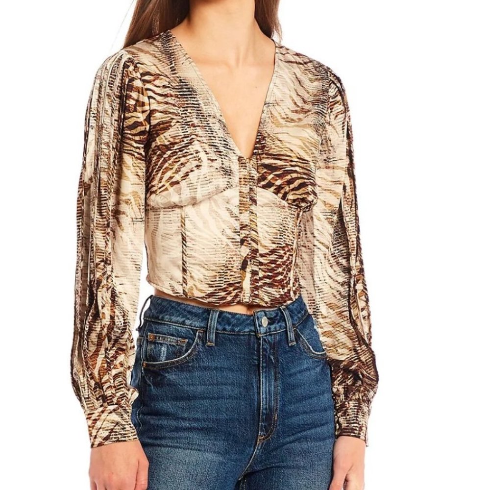 GUESS Jaxon Long-Sleeve Tiger-Print Corset Top